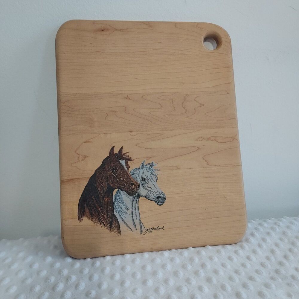 Vintage Wooden Cutting Board Horse Artist Signed Rustic Farm Barn Wood Trivet